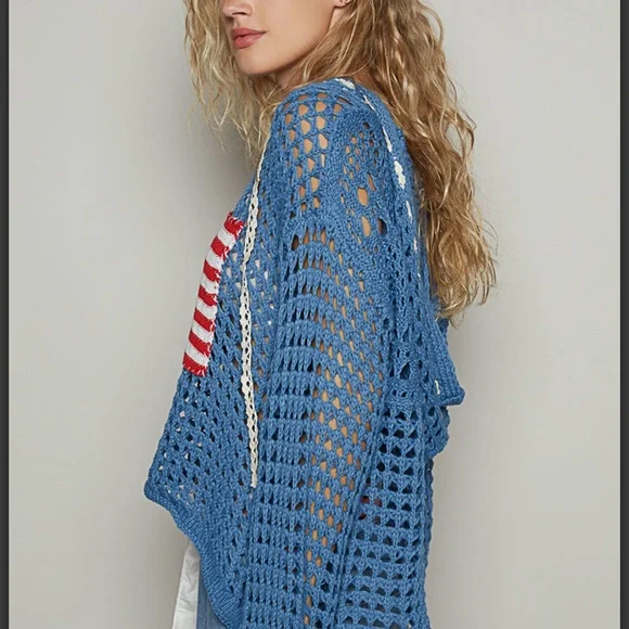 OD23-POL American Flag Crochet Hooded Sweater - Picture 3 of 8